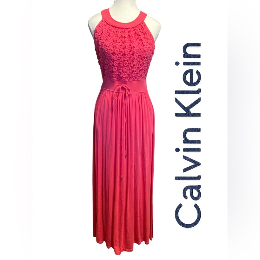 Calvin Klein Performance Orange Maxi Sleeveless Halter Gown for Prom​